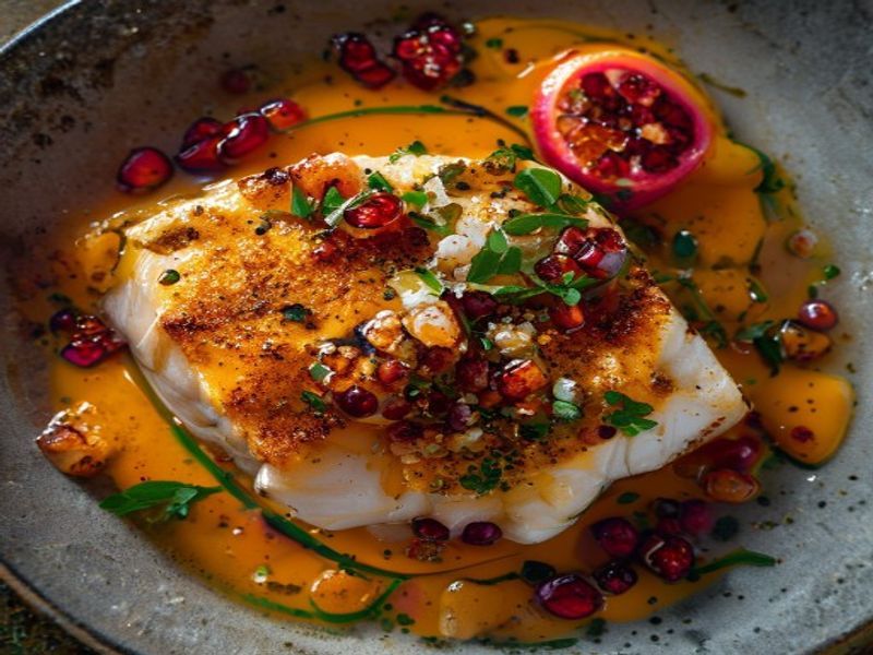 Turmeric-Poached Halibut with Toasted Quinoa & Pomegranate-Citrus Emulsion