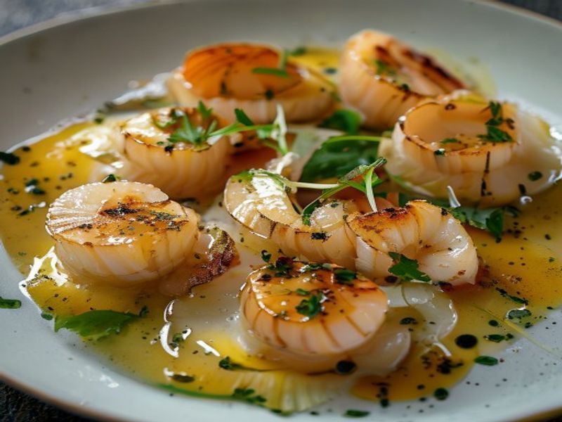 Pan-Seared Hokkaido Scallops with Yuzu-Kombu Beurre Blanc and Shiso Oil