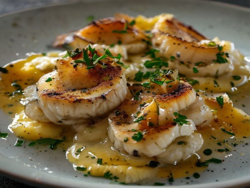 Pan-Seared King Oyster 'Scallops' with Truffled Cauliflower Mousseline and Saffron Infusion