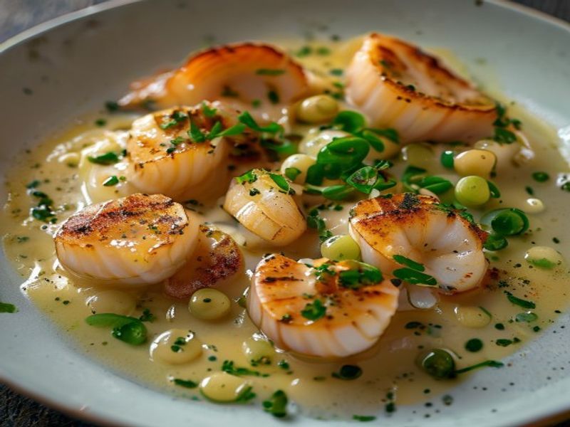 Pan-Seared Hokkaido Scallops with Yuzu-Kombu Beurre Noisette and Edamame Purée