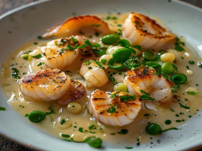 Pan-Seared Hokkaido Scallops with Yuzu-Koshu Beurre Blanc and Edamame Purée
