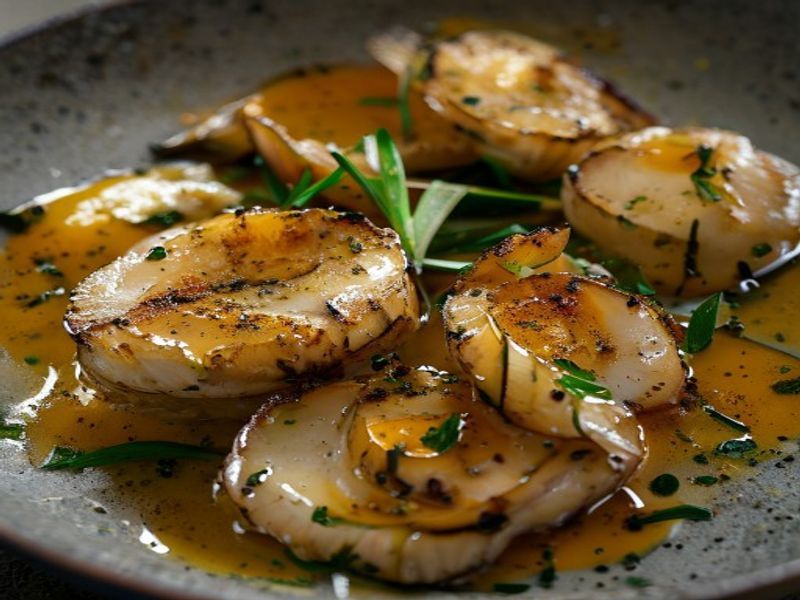 Pan-Seared King Oyster 'Scallops' with Saffron-Parsnip Silk and Charred Leek Oil