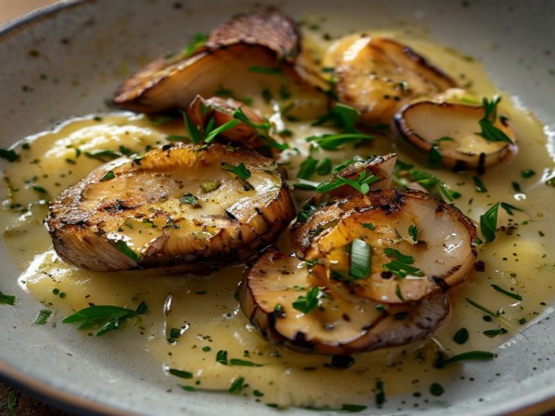 Pan-Seared King Oyster Mushroom "Scallops" with Sunchoke Purée and Hazelnut-Tarragon Gremolata