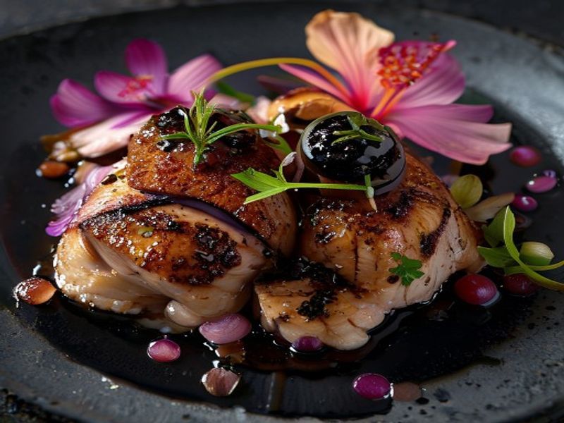 Pan-Seared Duck Breast with Blackberry Mole Negro and Hibiscus-Pickled Shallots