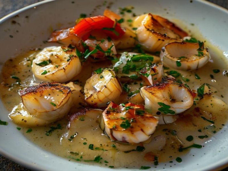 Pan-Seared King Oyster Scallops with Vanilla-Parsnip Purée and Smoked Salsa Verde