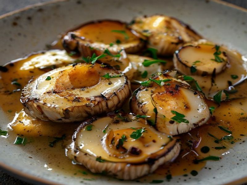 Pan-Seared King Oyster Mushroom 'Scallops' with Sunchoke Silk and Roasted Yeast Jus