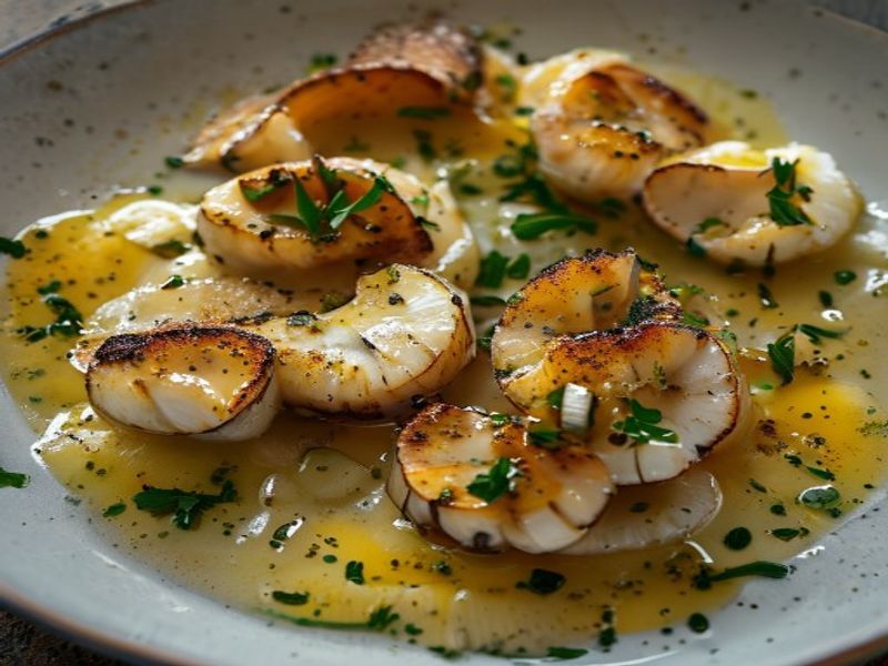 Pan-Seared King Oyster 'Scallops' with Cauliflower-Truffle Purée and Saffron Oil