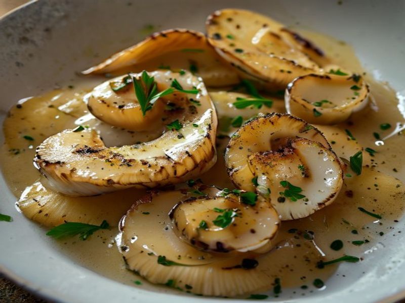 Glazed King Oyster 'Scallops' with Parsnip-Vanilla Purée and Hazelnut-Truffle Vinaigrette