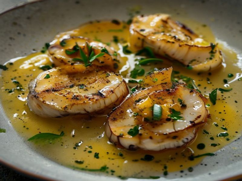 Pan-Seared King Oyster 'Scallops' with Saffron-Parsnip Purée and Yuzu-Hazelnut Emulsion