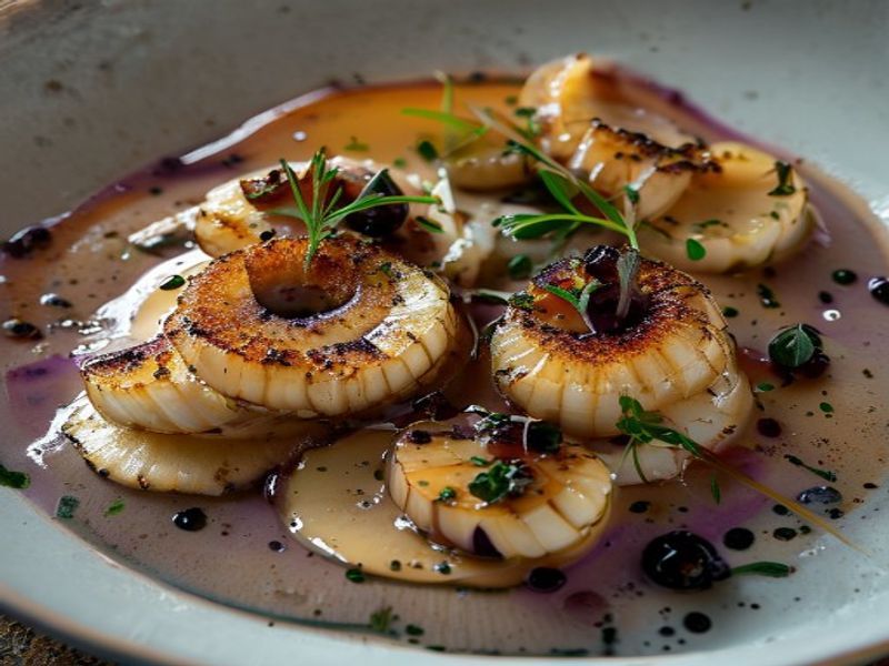 Pan-Seared King Oyster 'Scallops' with Parsnip-Vanilla Purée and Blackberry-Tarragon Reduction