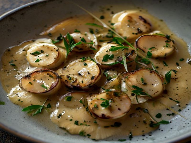 Pan-Seared Eryngii "Scallops" with Velvet Parsnip Purée and Hazelnut-Sage Noisette