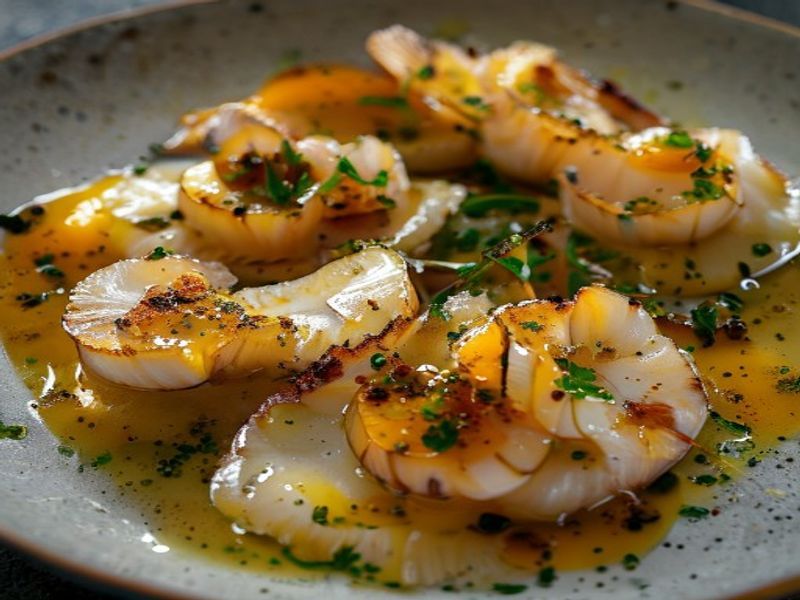 Pan-Seared Diver Scallops with Sunchoke Silk, Yuzu-Brown Butter, and Trout Roe