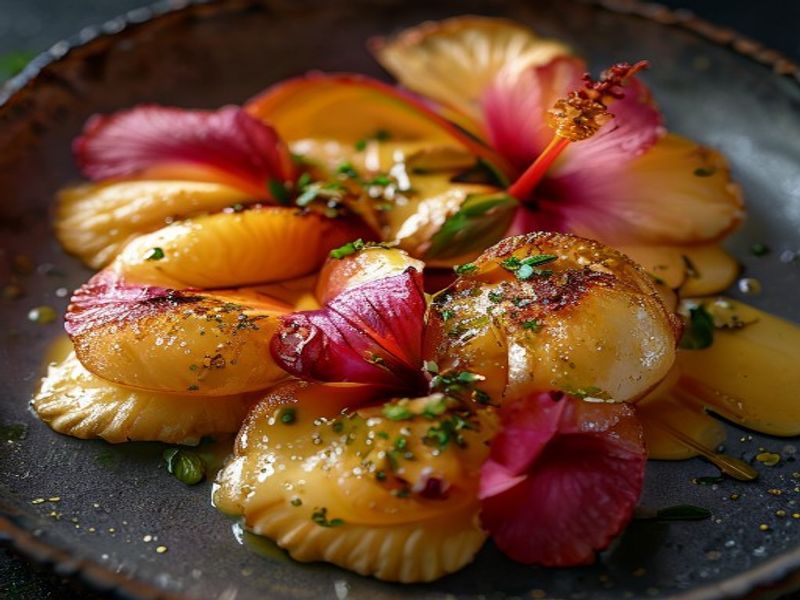 Grand Marnier & Hibiscus Poached Pears with Pistachio Financier and Saffron Sabayon