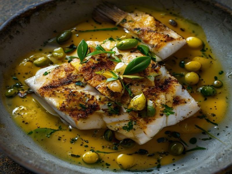 Pan-Seared Branzino with Saffron-Fennel Emulsion and Castelvetrano Olive Tapenade
