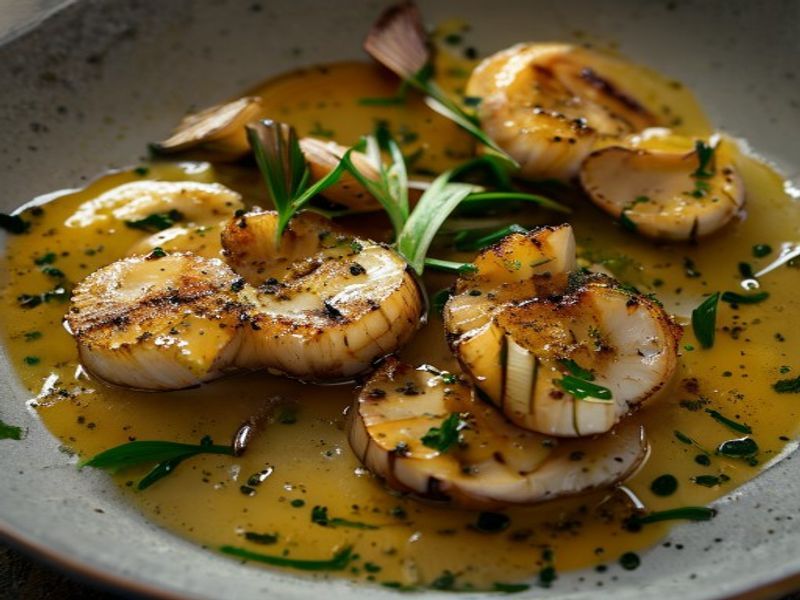 Pan-Seared King Oyster 'Scallops' with Saffron Parsnip Purée & Charred Leek Oil
