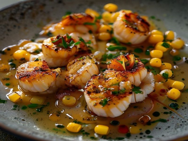 Pan-Seared Scallops with Fermented Habanero-Yuzu Kosho and Charred Corn Emulsion