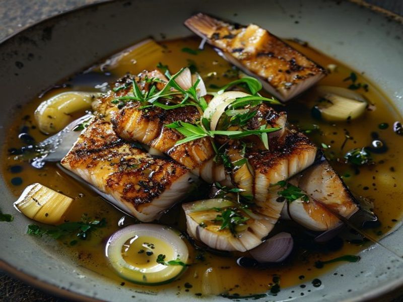 Pan-Seared Wild Black Cod with Lemongrass-Infused Dashi and Charred Alliums