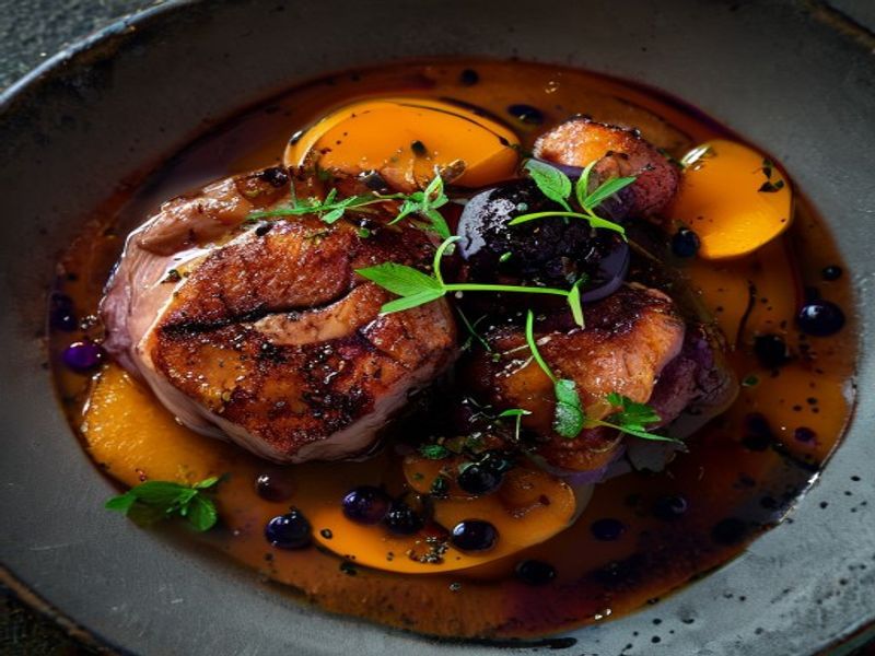 Ancho-Glazed Duck Breast with Sweet Potato Purée and Blackberry-Mezcal Gastrique