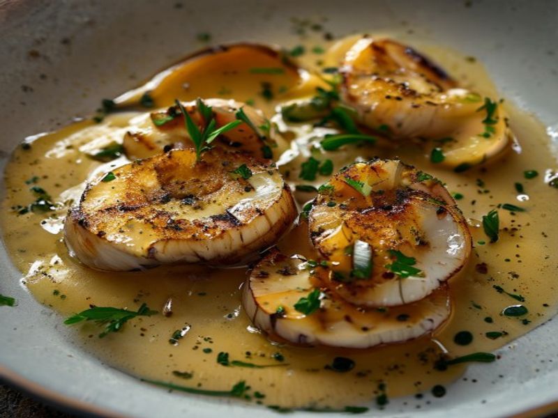 Pan-Seared King Oyster 'Scallops' with Sunchoke Purée and Truffle-Hazelnut Emulsion