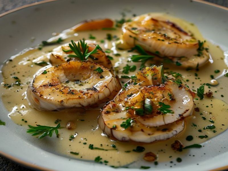 Pan-Seared King Oyster 'Scallops' with Parsnip-Vanilla Velouté and Pine Nut-Truffle Emulsion