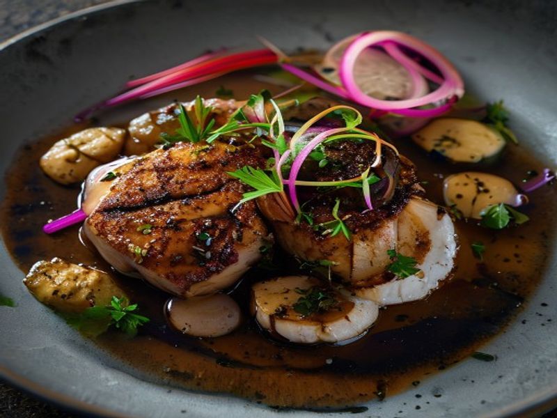 Pan-Seared Duck Breast with Mole Negro, Smoked Plantain Purée, and Pickled Radish