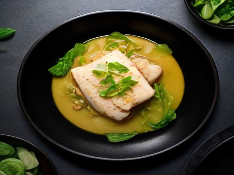 Pan-Roasted Halibut in Lemongrass-Ginger Dashi with Charred Bok Choy