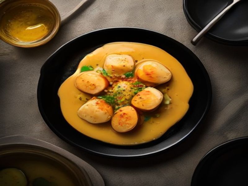 Pan-Seared Hokkaido Scallops with Sunchoke Silk, Nori Brown Butter, and Sea Buckthorn Gel