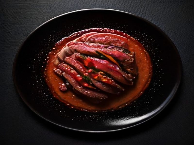 Duck Breast with Mole Chichilo, Charred Plantain Purée, and Pickled Hibiscus Shallots