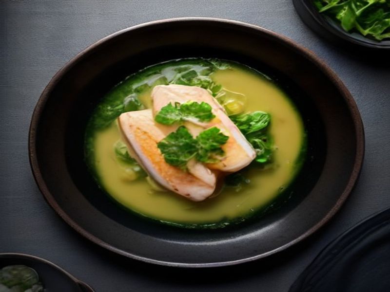 Pan-Seared Wild Black Cod with Dashi-Infused Cauliflower Velouté and Sea Greens